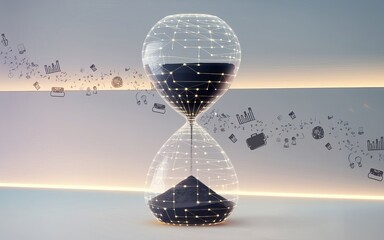 Poster - Time and Progress: An artistic depiction of an hourglass, representing the passage of time and business growth, with data flowing through it