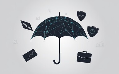 Poster - Cybersecurity Shield: An abstract representation of cybersecurity, showcasing an umbrella as a shield, safeguarding data, finance, and networks.