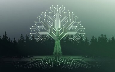 Poster - Digital Growth: A captivating fusion of nature and technology unfolds as a circuit board shaped like a tree stands before a forest backdrop.