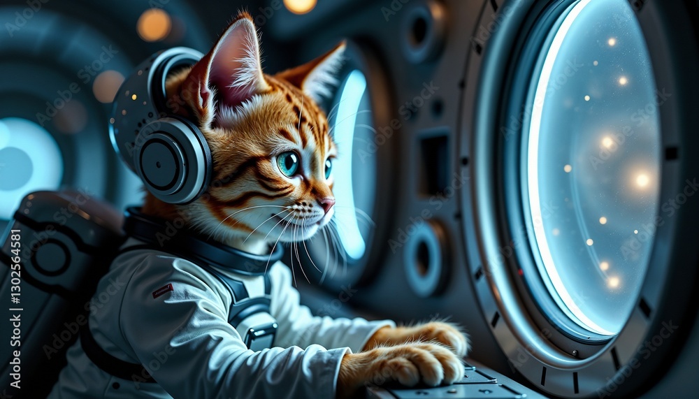 Cat in astronaut suit looking out of spaceship window into space Stock ...