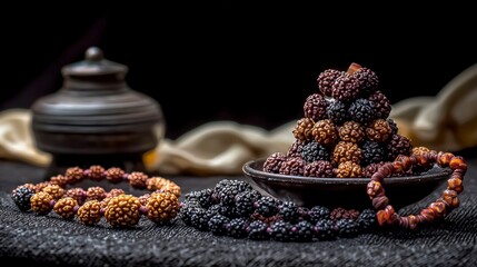 Poster - Spiritual still life of rudraksha mala beads serene setting close-up photography elegant atmosphere artistic perspective