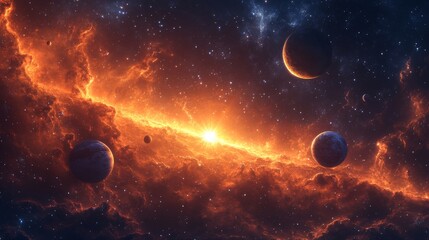 Wall Mural - planets floating in space. star shining through orange clouds. deep blue sky. many stars. outer univ