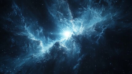Wall Mural - blue space nebula with bright light. cosmic dust cloud. distant galaxy and glowing stars in dark sky