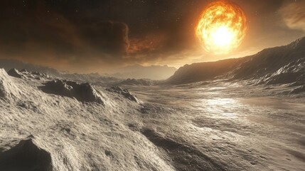 Wall Mural - planet surface with rocky terrain and distant mountains. a bright sun shines above the alien landsca