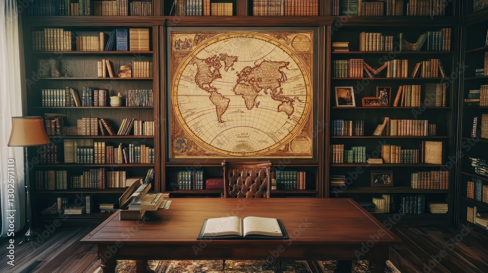 Stock-Illustration „Vintage study room with antique wooden bookshelves ...
