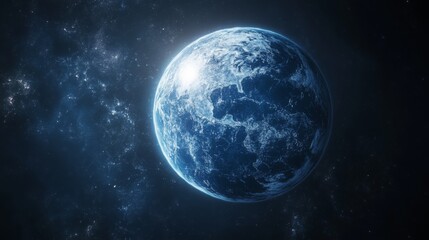 Wall Mural - blue planet view from space. bright light above globe. stars shine in background. cold icy world in 