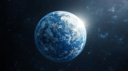 Wall Mural - blue planet earth view from space with sun light and stars. galaxy background. outer space scenery. 