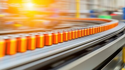 Poster - Dynamic Production Line of Cans in Beverage Factory with Sunlight Reflection, Focus on Industrial Machinery and Beverage Processing Concept