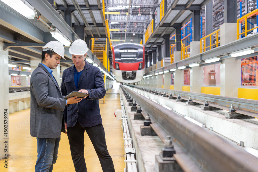 Electric train technician engineer with blueprints checking controls ...