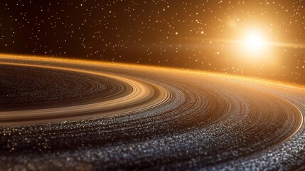 Wall Mural - space planet view. rings and sun shine. bright light. stars glitter. cosmic scene. round shape. spac