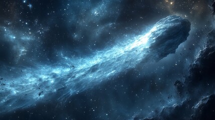 Wall Mural - Bright comet flies in dark blue space. A cosmic asteroid is moving quickly. Stardust glitters behind the rocky object through space. Stars shine. Cosmic scene.