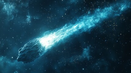 Wall Mural - blue comet flies through the starry sky. bright light shines behind the object as it speeds across d