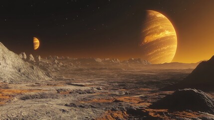 Wall Mural - planet surface with moon. alien landscape scene. outer space fantasy world. view of gas giant. golde