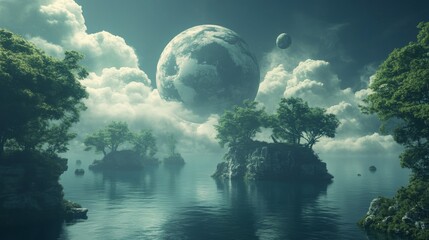 Quiet lake and sky, islands of trees. Large planet is floating. Peaceful outdoor nature landscape. Cloudy sky, water reflects trees.