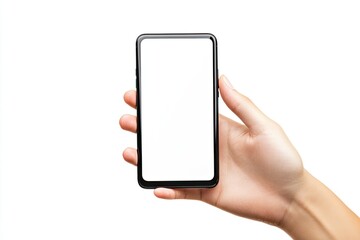 Hand Holding Smartphone with Black Empty Screen Isolated Over White Background
