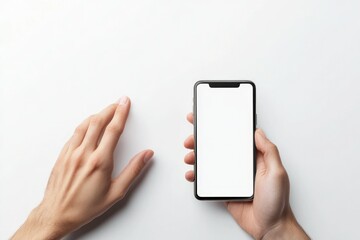 High Detail Picture of Mans Hands Using Smartphone with Blank Screen on White Background