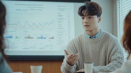 Poster - A young man in a casual sweater presenting financial data to his team on a big screen, full ultra HD image