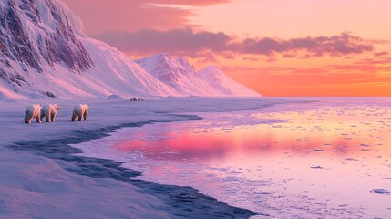 A peaceful Arctic tundra with polar bears walking along the edge of a frozen sea, the pink and orange hues of sunrise reflecting on the ice