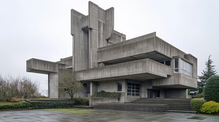 Poster - A striking Brutalist building with raw concrete facades, sharp angular lines, and an imposing structure standing tall against a grey sky.