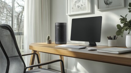 Poster - A stylish air purifier on a modern desk, filtering out allergens and pollutants while complementing the aesthetics of a home office, ensuring a healthier work environment