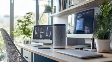 Poster - A stylish air purifier on a modern desk, filtering out allergens and pollutants while complementing the aesthetics of a home office, ensuring a healthier work environment