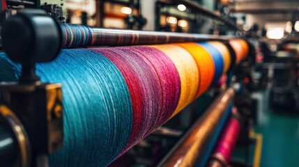 Poster - A textile factory where workers operate spinning machines, creating large rolls of fabric in vibrant colors