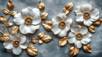 Poster - Elegant wall decoration featuring white and gold floral designs on a textured background, creating a luxurious and artistic aesthetic.