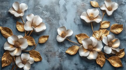 Aufkleber - Elegant floral design featuring white and gold blooms on a textured blue background, creating a sophisticated and luxurious visual appeal.