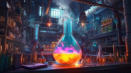 Poster - a vibrant and colorful chemistry lab where a beaker is overflowing with a foamy, bubbling reaction, 