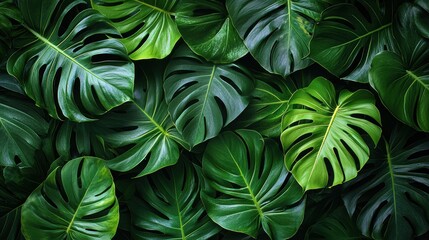 Wall Mural - lush green monstera leaves create a vibrant and tropical background in a natural setting during dayt