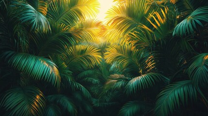 Wall Mural - lush green palm leaves illuminated by sunlight in a tropical forest