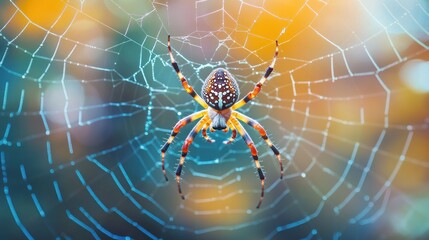 Beautiful spider web with dew drops on it, macro object. Blurred background and sunlight filtering through fine silk threads create bokeh effect