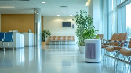 Poster - An air purifier in a hospital waiting room, efficiently removing airborne pathogens and ensuring that visitors and patients breathe in clean, sanitized air during their stay.