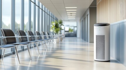 Poster - An air purifier in a hospital waiting room, efficiently removing airborne pathogens and ensuring that visitors and patients breathe in clean, sanitized air during their stay.