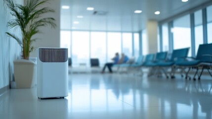 Poster - An air purifier in a hospital waiting room, efficiently removing airborne pathogens and ensuring that visitors and patients breathe in clean, sanitized air during their stay.