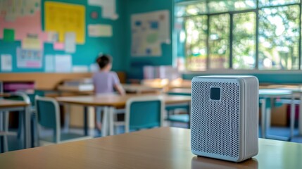 Poster - An air purifier in a school classroom, helping to reduce the spread of allergens and airborne germs, ensuring a healthier environment for both students and teachers.