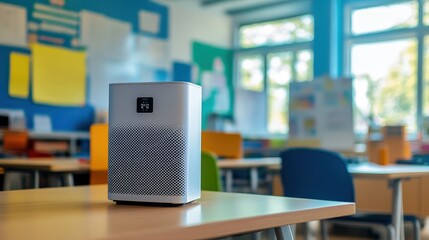 Poster - An air purifier in a school classroom, helping to reduce the spread of allergens and airborne germs, ensuring a healthier environment for both students and teachers.