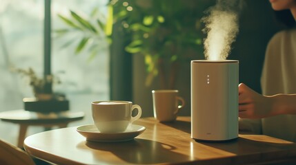Poster - An air purifier running quietly in the background while a person enjoys a cup of coffee, emphasizing the device's noiseless operation and efficiency in improving indoor air quality