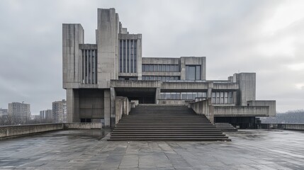Poster - An expansive Brutalist government building with heavy concrete elements, designed to symbolize power and permanence, set against a bleak city skyline