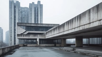 Poster - An expansive Brutalist government building with heavy concrete elements, designed to symbolize power and permanence, set against a bleak city skyline