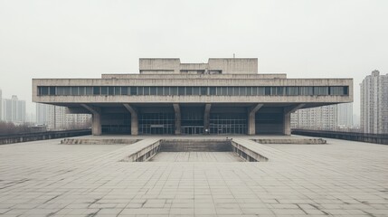 Poster - An expansive Brutalist government building with heavy concrete elements, designed to symbolize power and permanence, set against a bleak city skyline