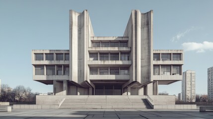 Poster - An expansive Brutalist government building with heavy concrete elements, designed to symbolize power and permanence, set against a bleak city skyline