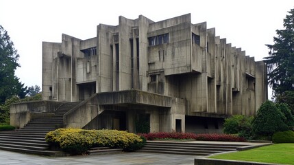 Poster - An imposing Brutalist monument with heavy, textured concrete and bold geometric shapes, conveying strength and architectural boldness.