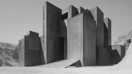 Poster - An imposing Brutalist monument with heavy, textured concrete and bold geometric shapes, conveying strength and architectural boldness.