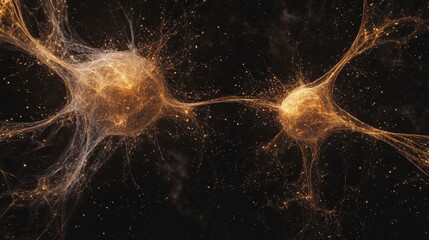 Poster - quantum entanglement, with two particles glowing identically despite being separated by vast distanc
