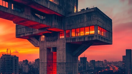 Poster - An urban Brutalist structure with exposed concrete and a bold design, standing out against a vibrant city backdrop, creating a dramatic visual contrast
