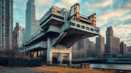 Poster - An urban Brutalist structure with exposed concrete and a bold design, standing out against a vibrant city backdrop, creating a dramatic visual contrast