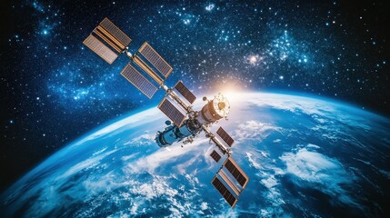 Wall Mural - the international space station orbiting earth against the backdrop of a star-filled sky, with a bea