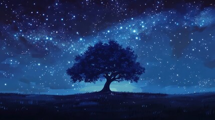 Wall Mural - the silhouette of a lone tree under a dark, starry sky