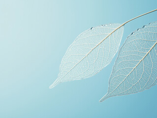 elegant transparent skeleton leaves with water droplets on a blue background – minimalist nature con